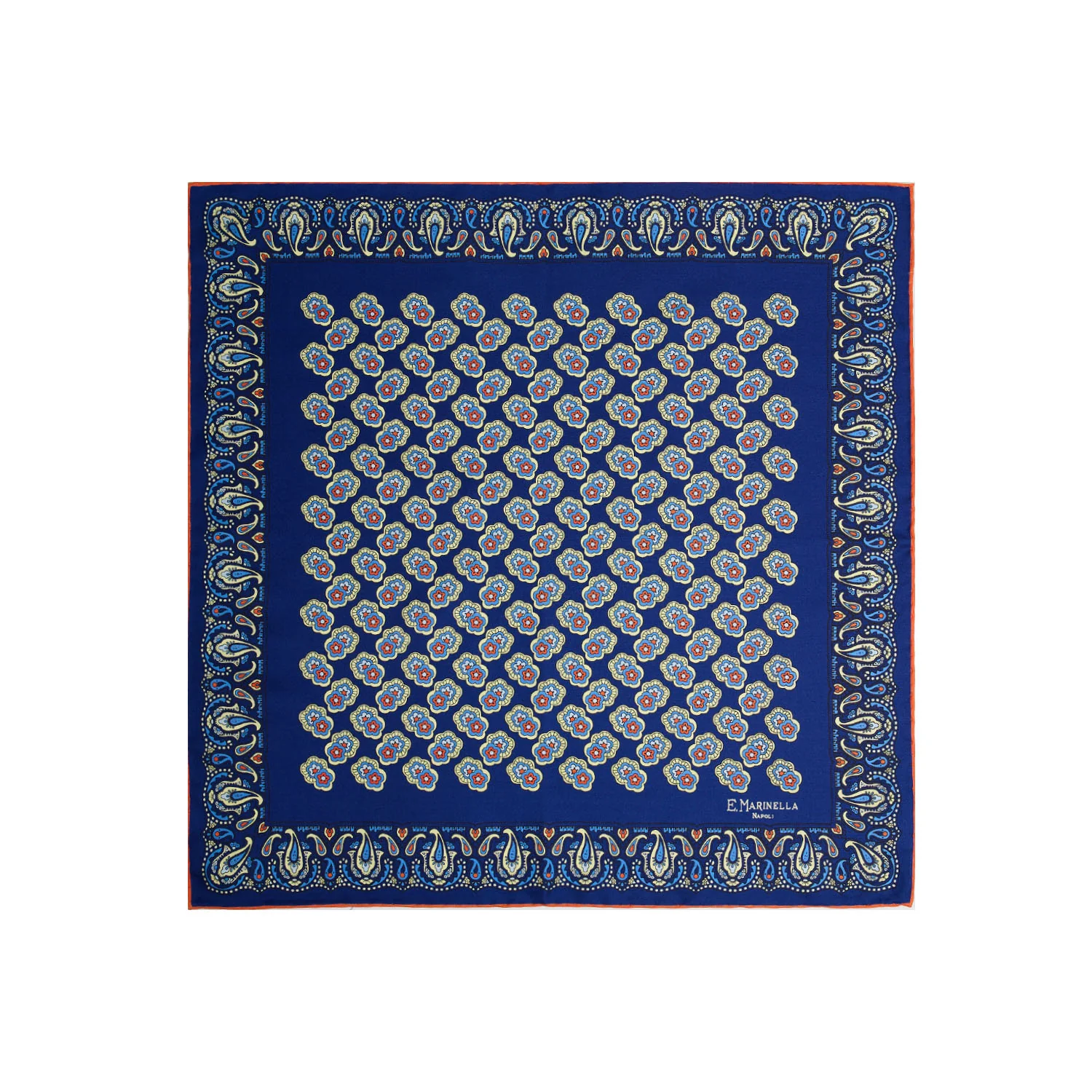 BLUE HAND-PRINTED SILK POCKET SQUARE