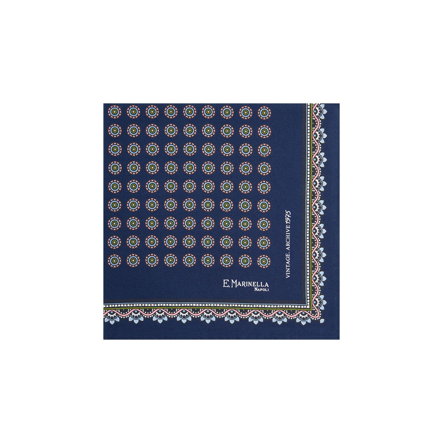 DARK BLUE HAND-PRINTED SILK POCKET SQUARE