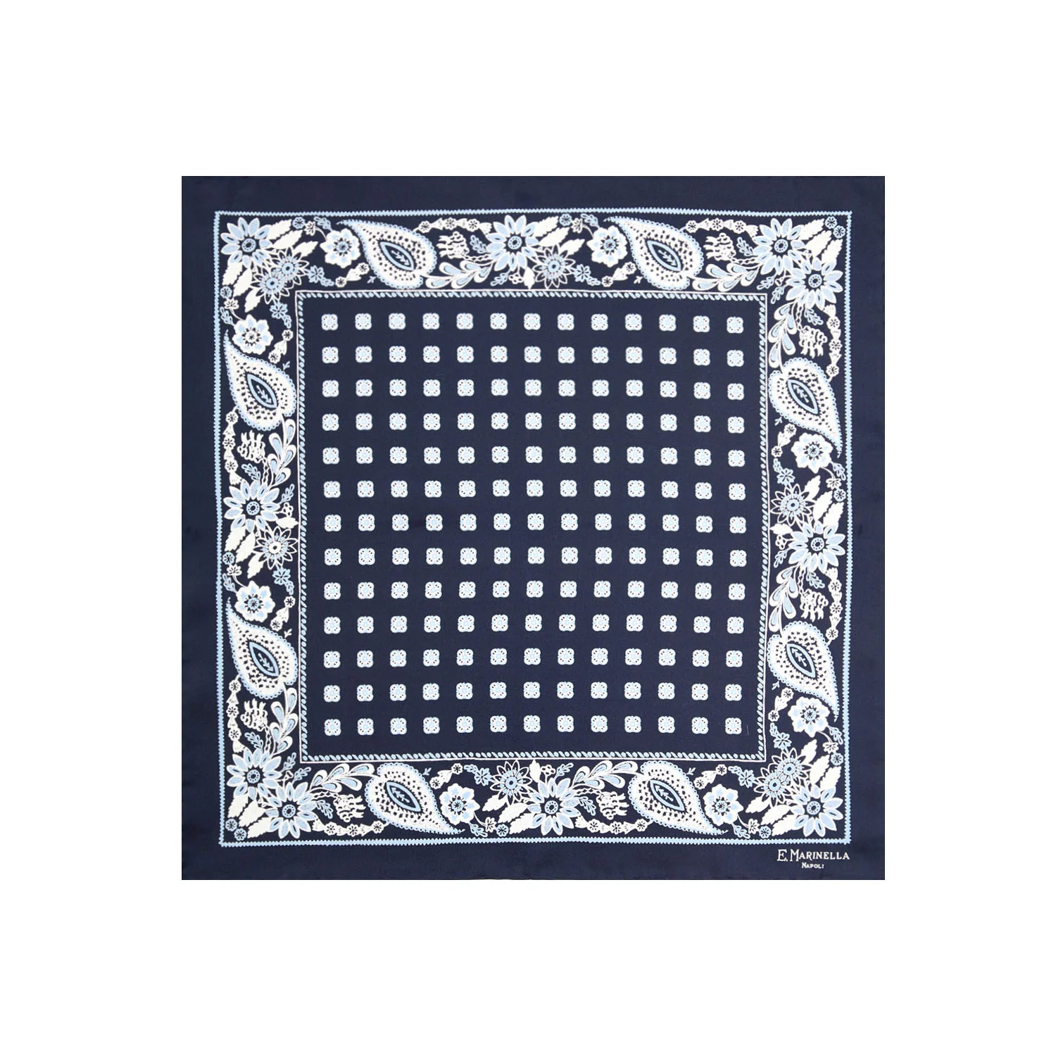 DARK BLUE HAND-PRINTED SILK POCKET SQUARE