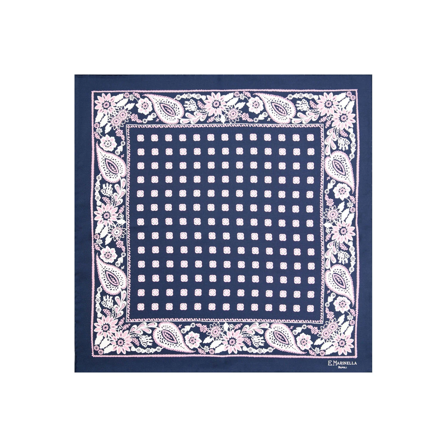 DARK BLUE HAND-PRINTED SILK POCKET SQUARE