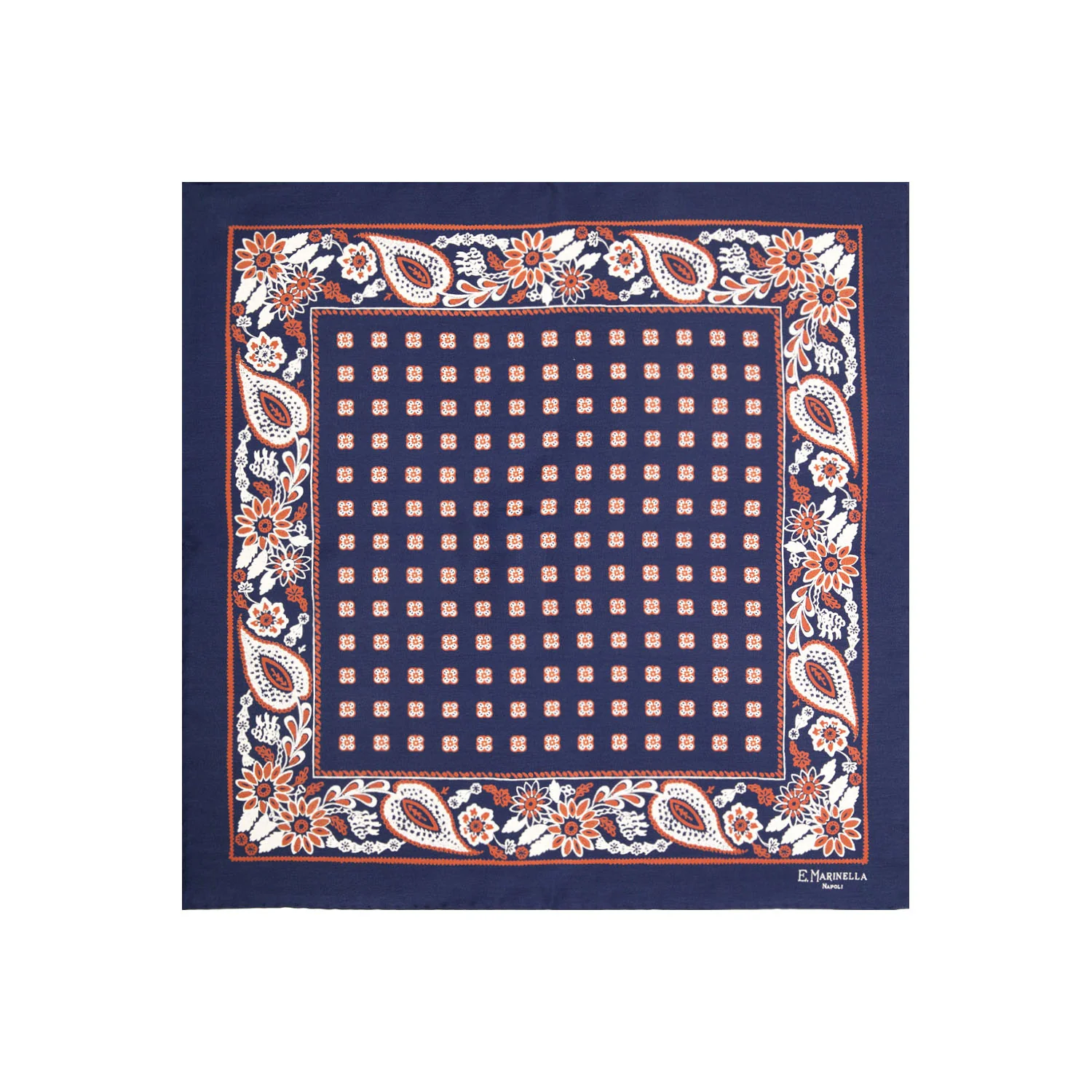 DARK BLUE HAND-PRINTED SILK POCKET SQUARE