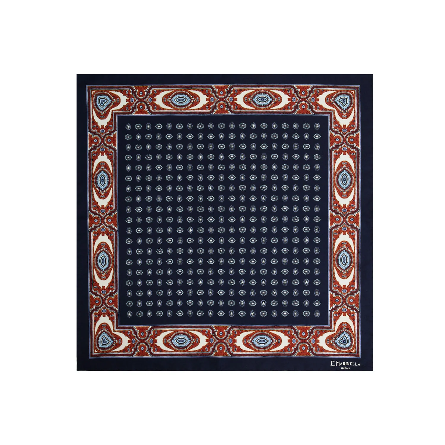 DARK BLUE HAND-PRINTED SILK POCKET SQUARE