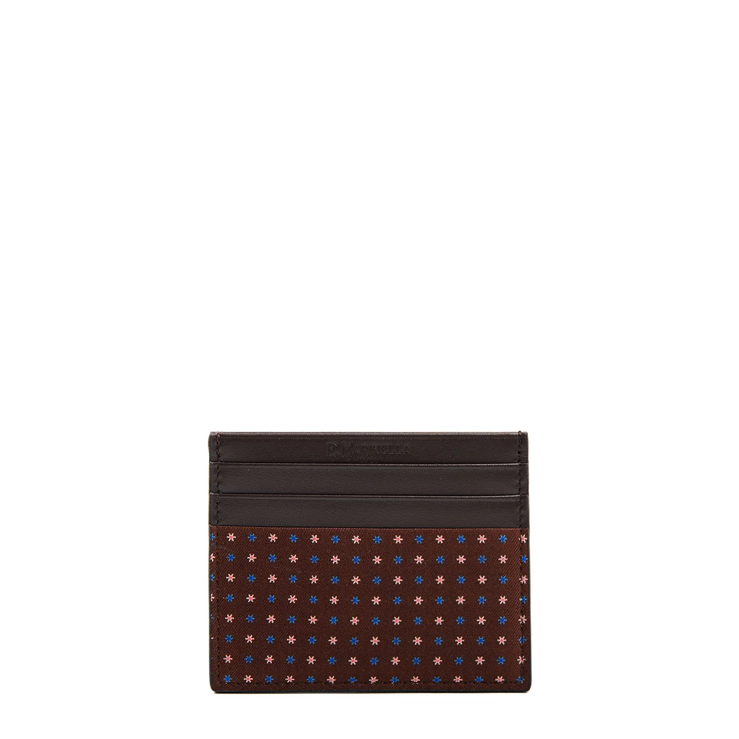 DARK BROWN LEATHER AND SILK CREDIT CARD HOLDER