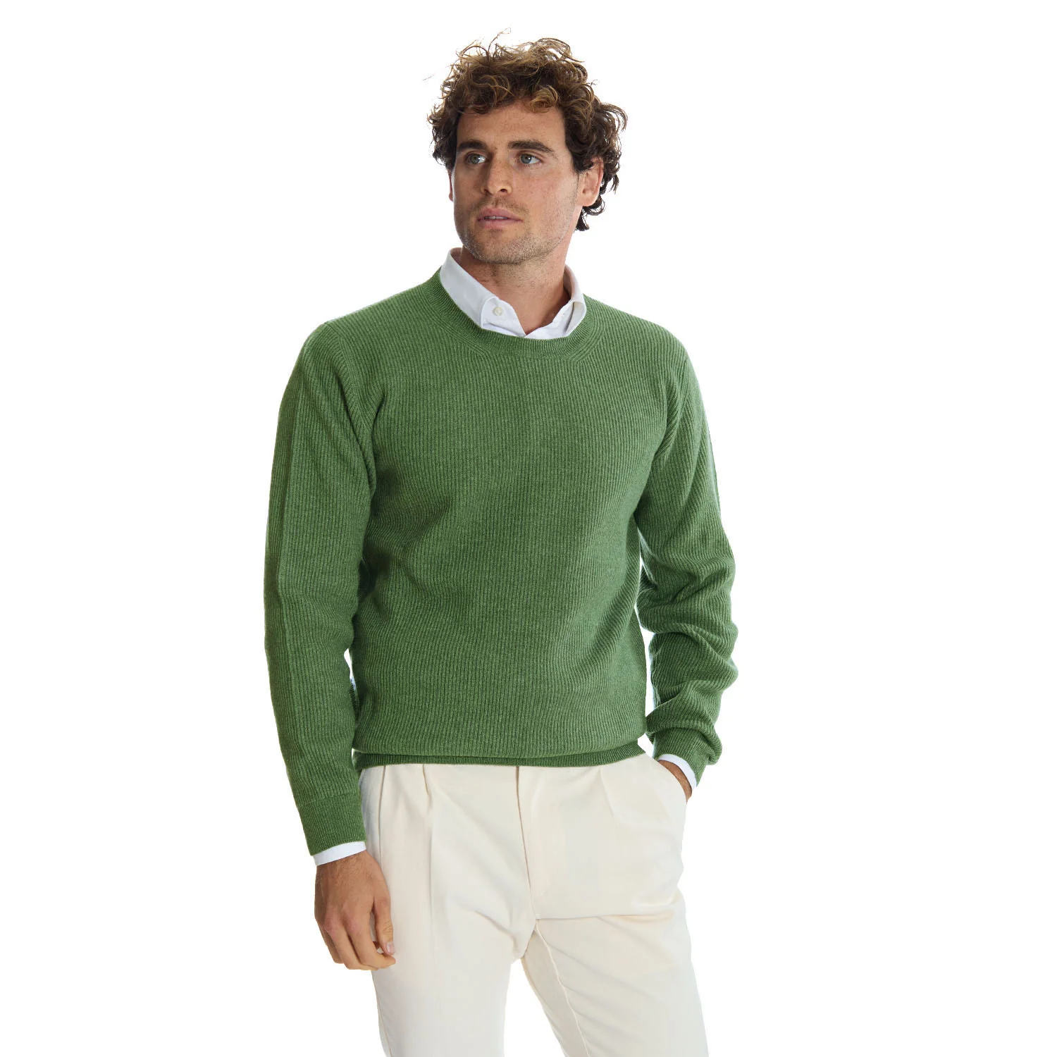 GREEN RIBBED CREWNECK SWEATER