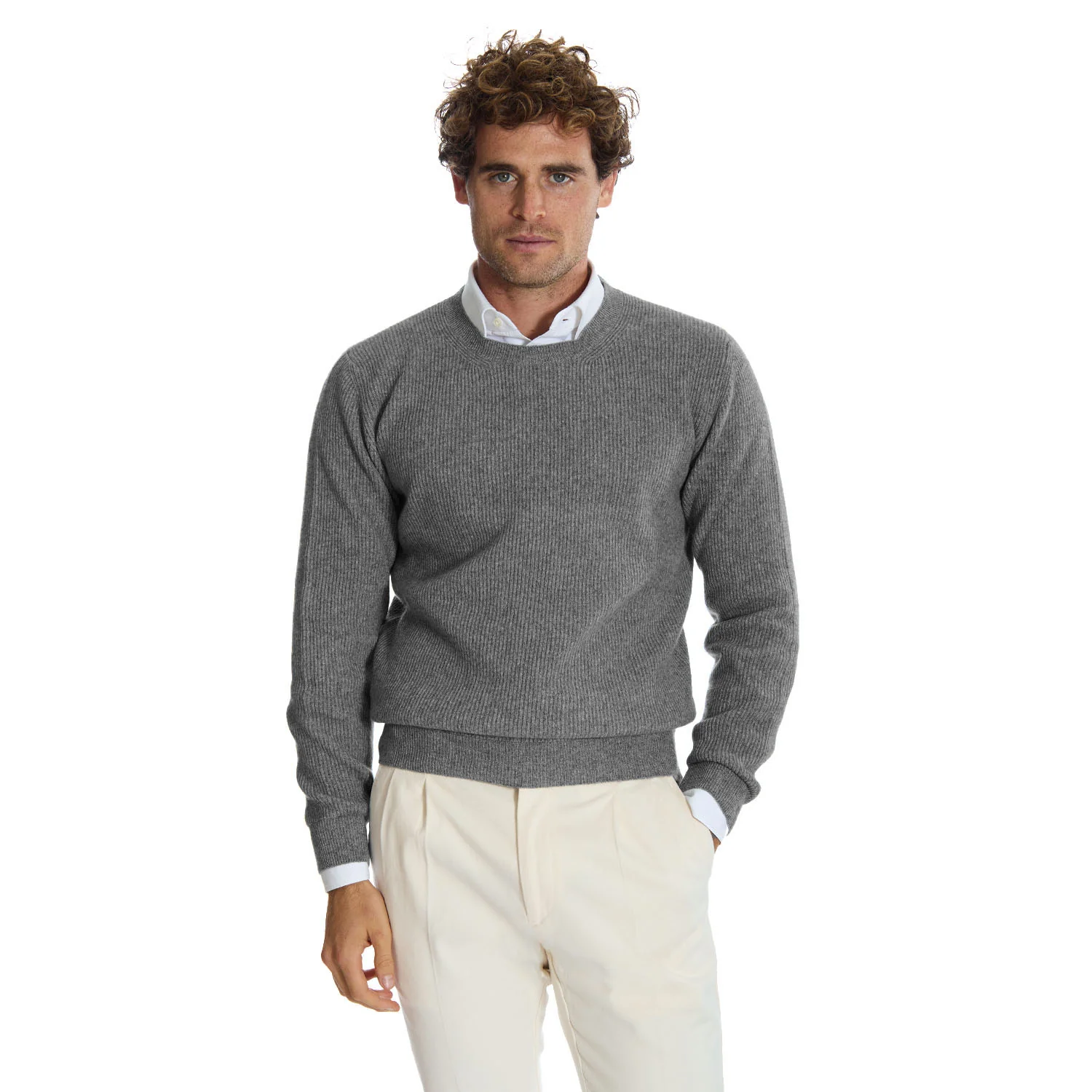 GREY RIBBED CREWNECK SWEATER