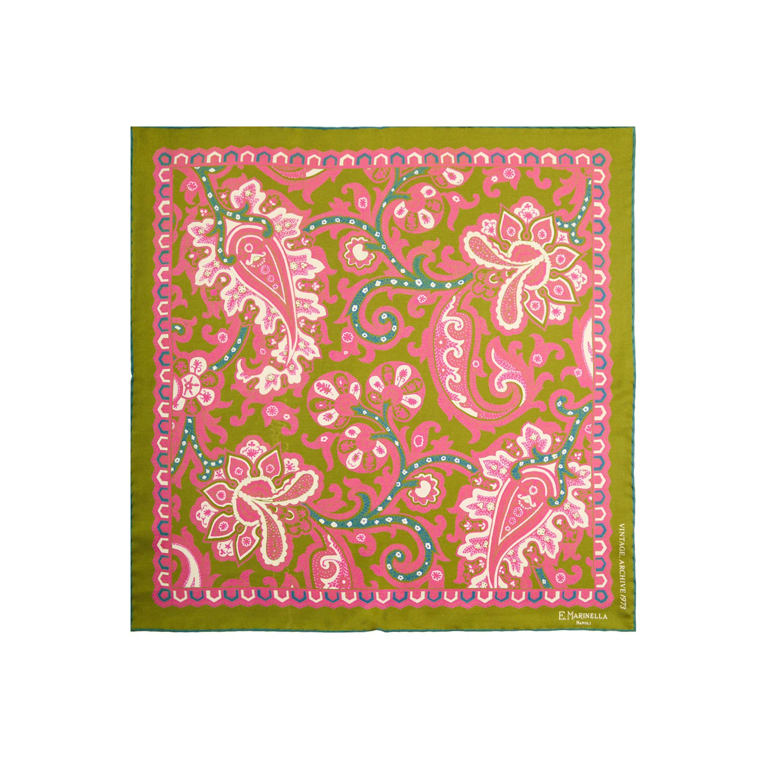 OLIVE GREEN HAND-PRINTED SILK POCKET SQUARE
