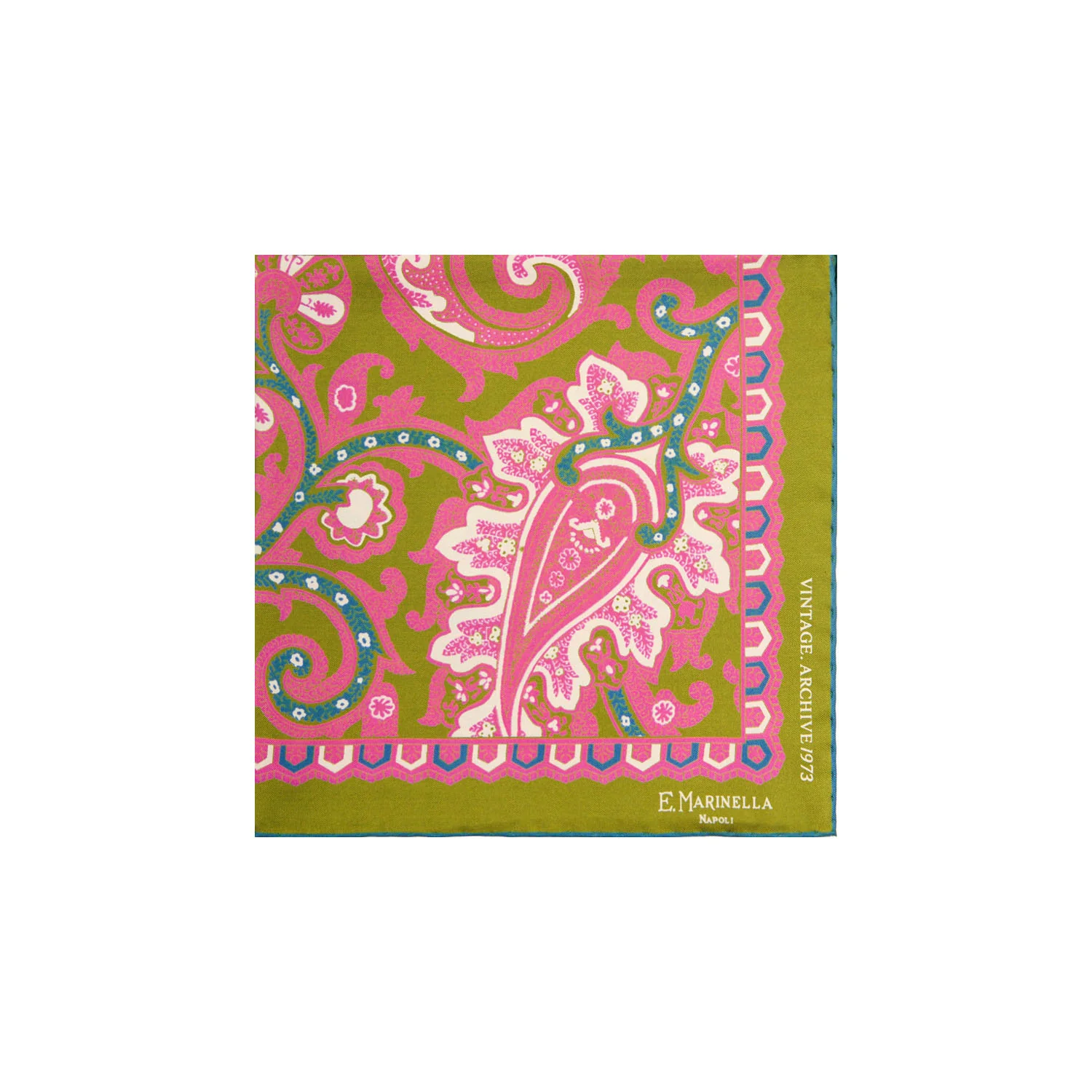 OLIVE GREEN HAND-PRINTED SILK POCKET SQUARE - Image 2