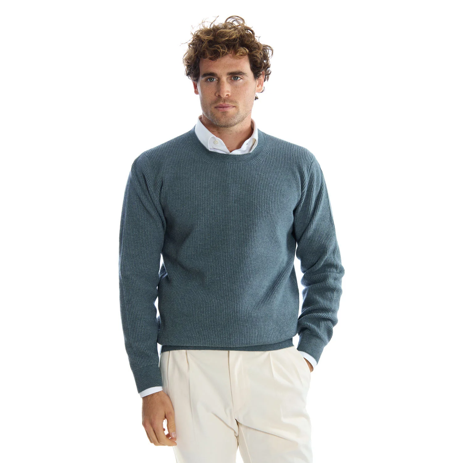 PETROL GREEN RIBBED CREWNECK SWEATER