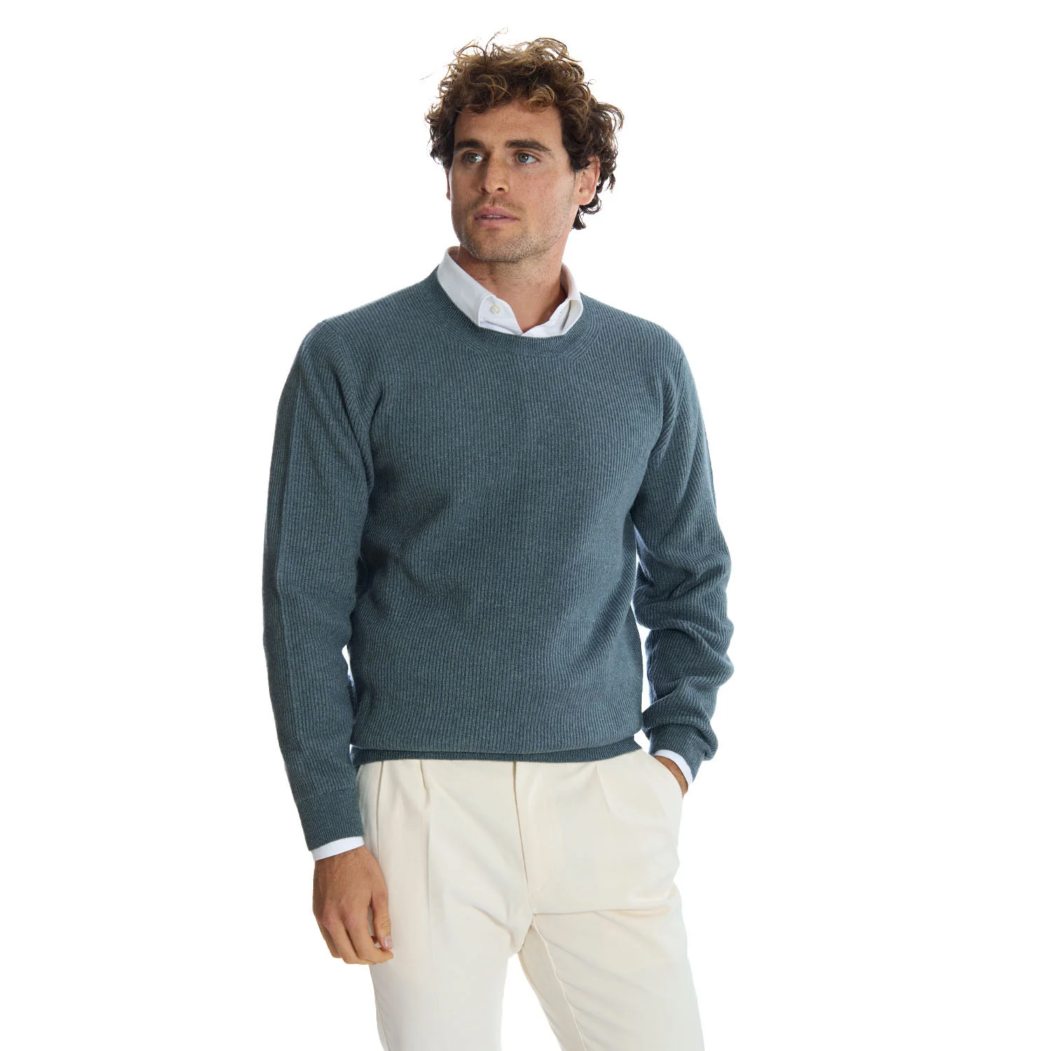 PETROL GREEN RIBBED CREWNECK SWEATER - Image 9