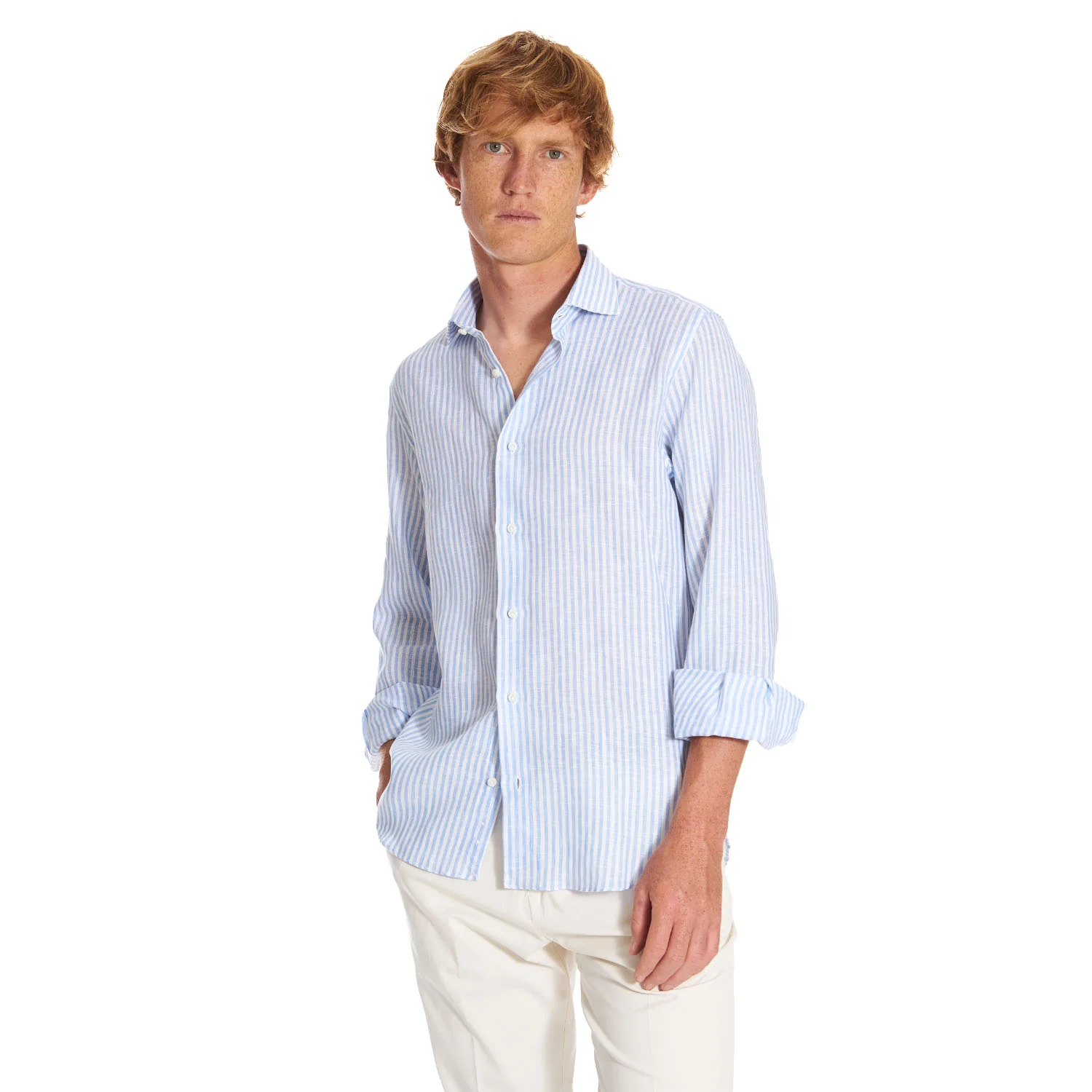 WHITE AND LIGHT BLUE LINEN SHIRT - Image 9
